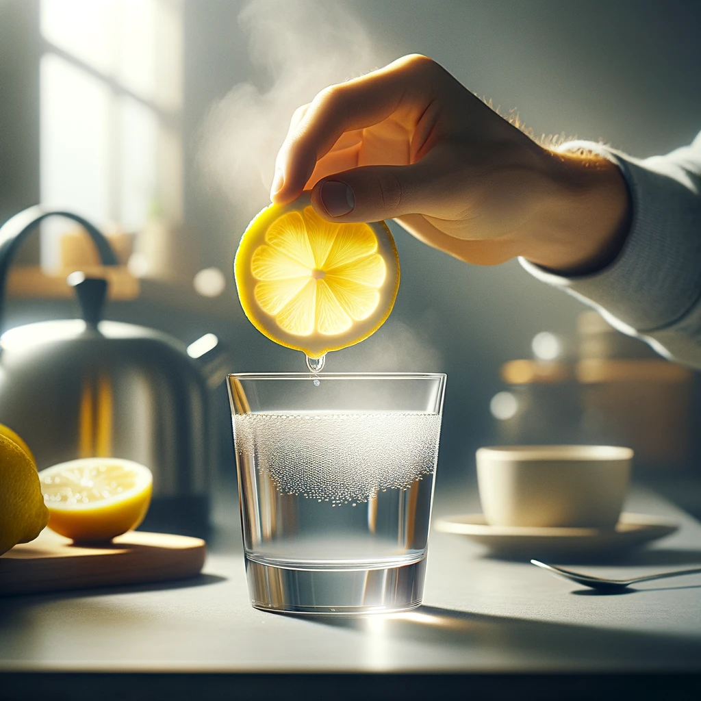 A photo of a person adding a slice of lemon to a glass of boiled water.