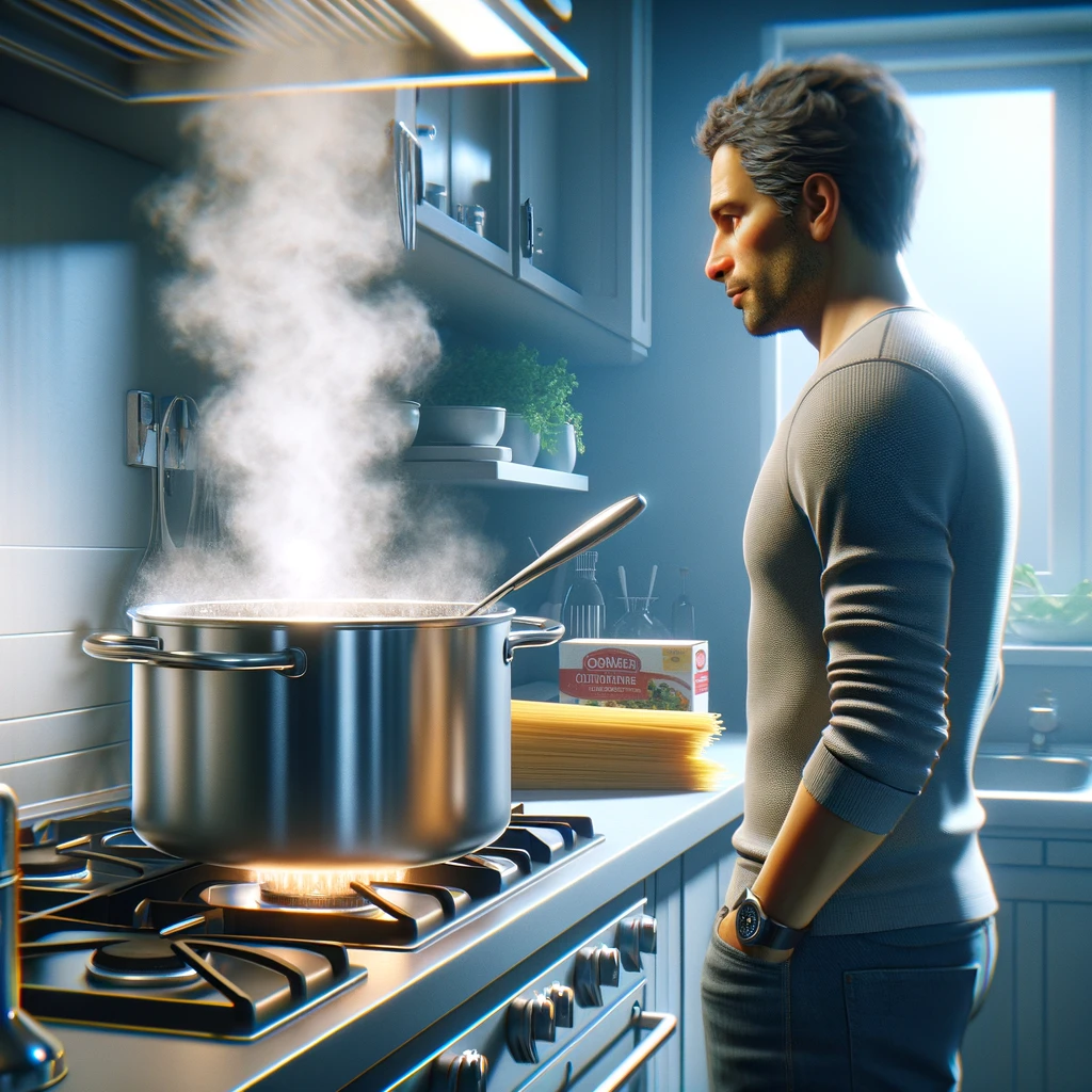 A photo of a person boiling water in a pot for cooking pasta