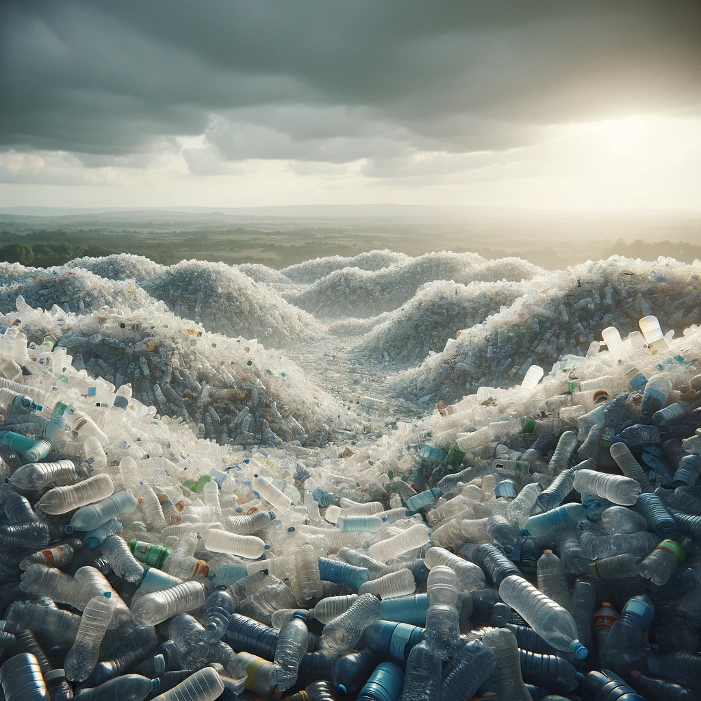 A photo of a landfill full of plastic water bottles