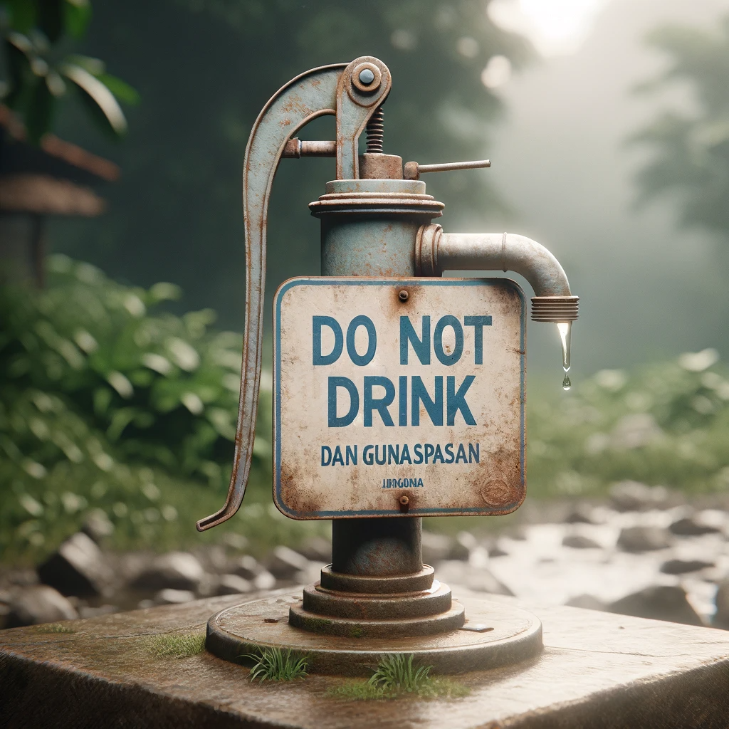 A photo of a water pump with a sign that says "Do Not Drink" in Indonesian and English