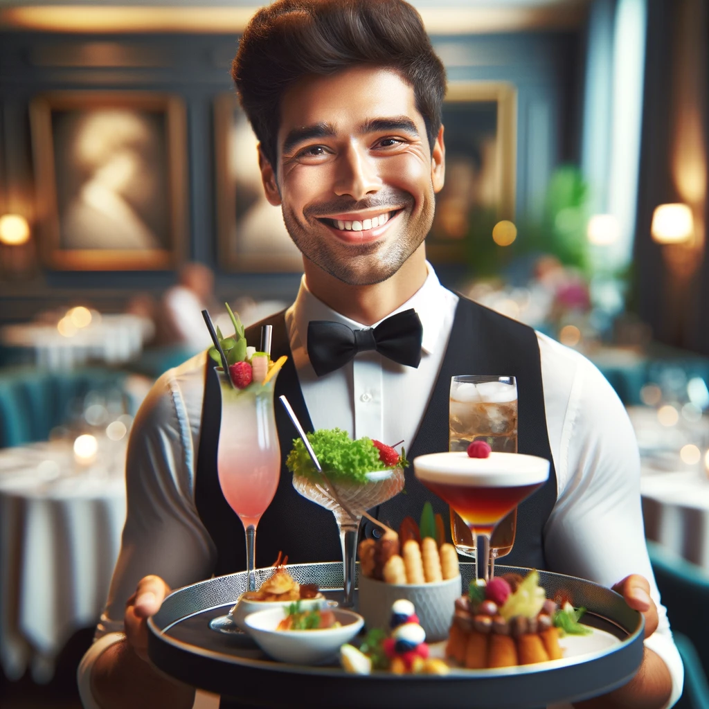 Image of a waiter or bartender smiling and holding a tray of food and drinks