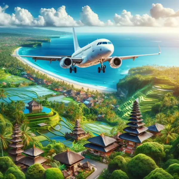 An image of an airplane flying over Bali