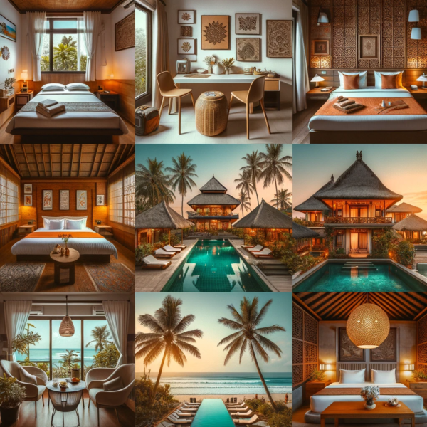 A collage of different types of accommodation options in Bali, including budget hostels, guesthouses, mid-range hotels, beach resorts, and luxury villas.