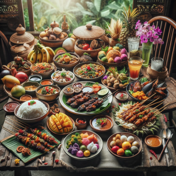A photo of a traditional Balinese meal served at a warung, with various dishes and local fruits.