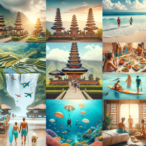 A collage of images depicting different activities you can do in Bali, such as temple visits, rice terrace tours, surfing lessons, diving trips, cooking classes, and spa treatments.