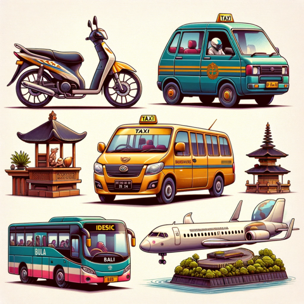 An image of a motorbike, a taxi, a public bus, and a domestic flight, showcasing different transportation options in Bali.