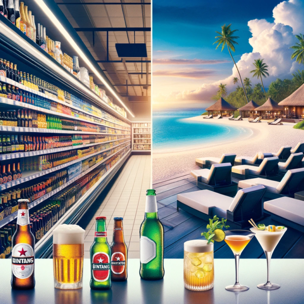 A split image showing a supermarket with rows of cheap beer bottles on one side and a fancy beach club with expensive cocktails on the other.