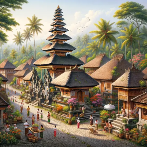 An image of a Balinese village with a temple in the center