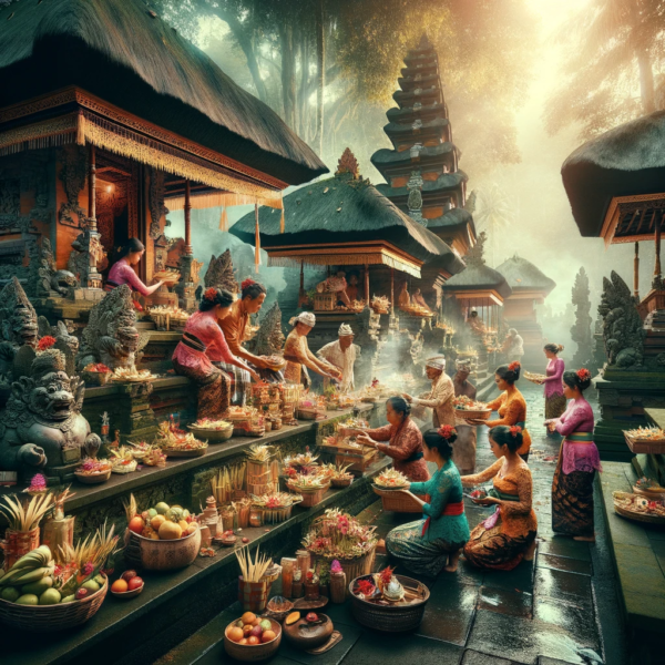 An image of Balinese people making daily offerings at a temple