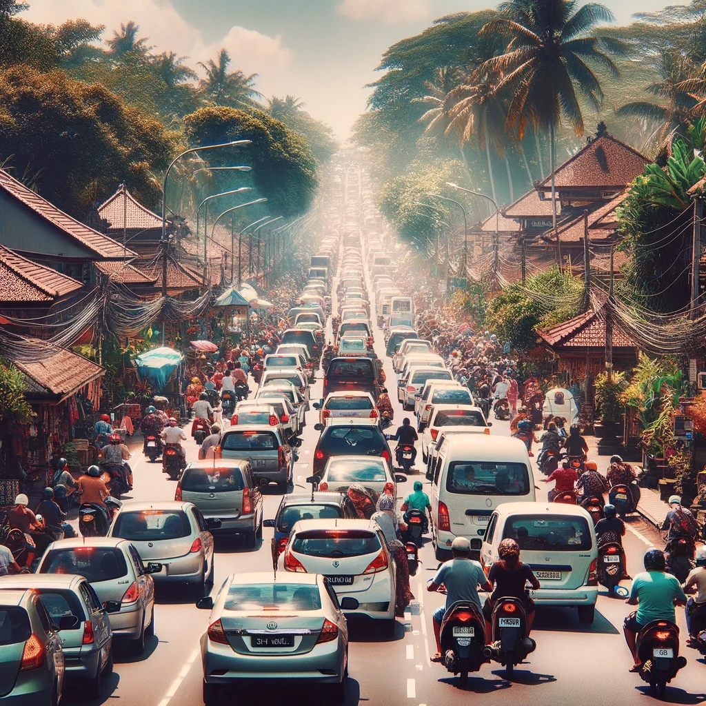 A photo showing heavy traffic congestion on a Bali road, with cars and scooters crammed together.