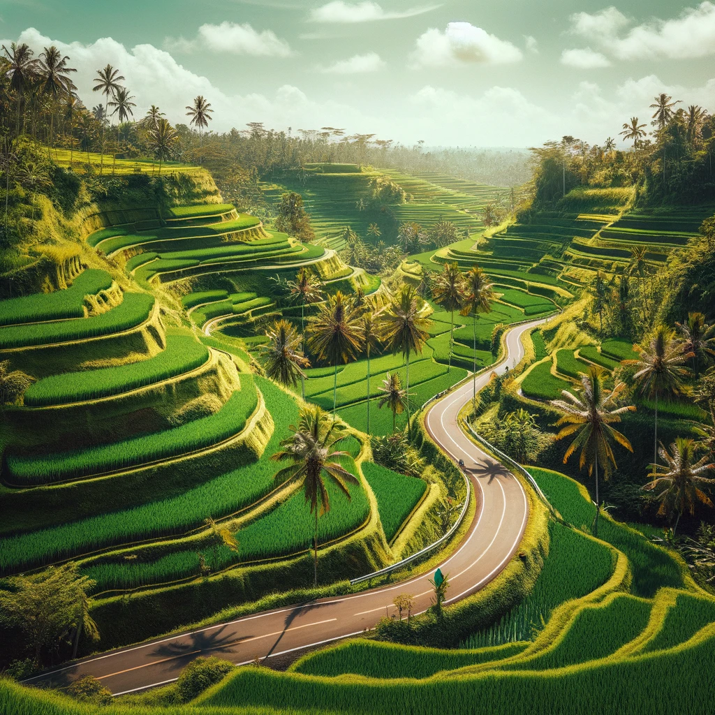 A scenic picture of a winding, narrow road in Bali, surrounded by lush rice paddies