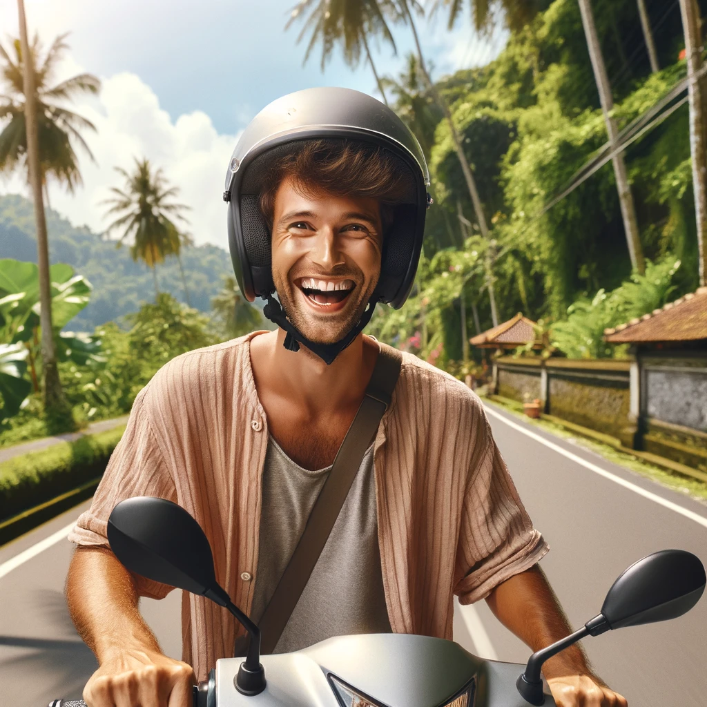 A happy tourist wearing a helmet and smiling while riding a scooter