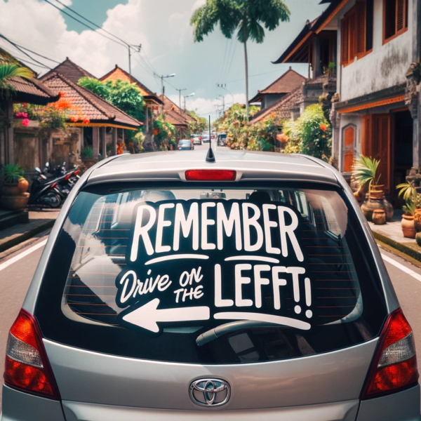 A photo of a car in Bali with a sticker or reminder about driving on the left side of the road