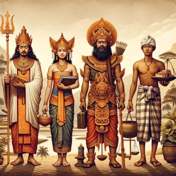 A photo of a Balinese Brahmin priest, a Kshatriya warrior, a Vaishya merchant, and a Shudra farmer.