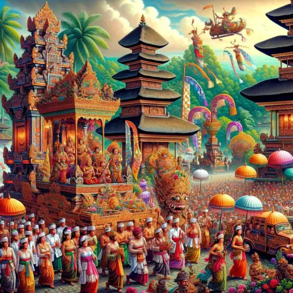 A photo of a Balinese temple festival procession