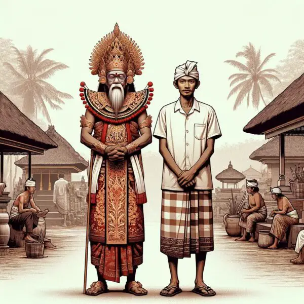 A photo of a Balinese priest and a local villager standing side-by-side