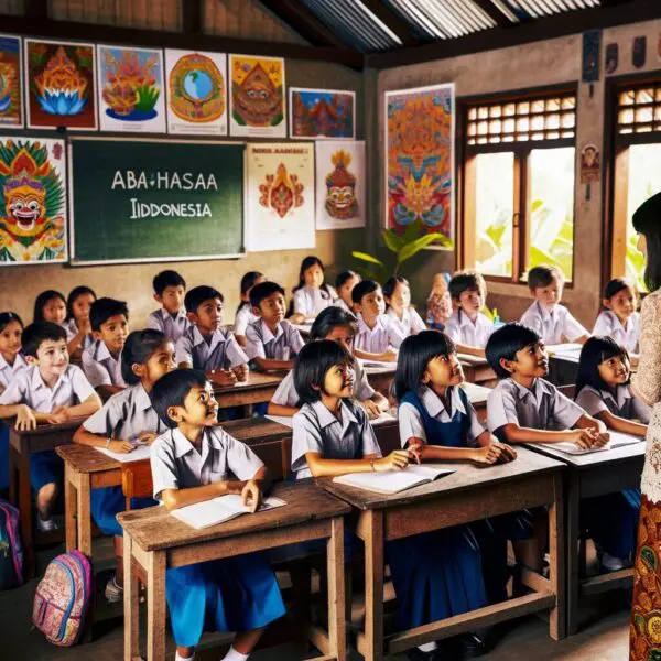 A picture of children in a Balinese school classroom learning Bahasa Indonesia